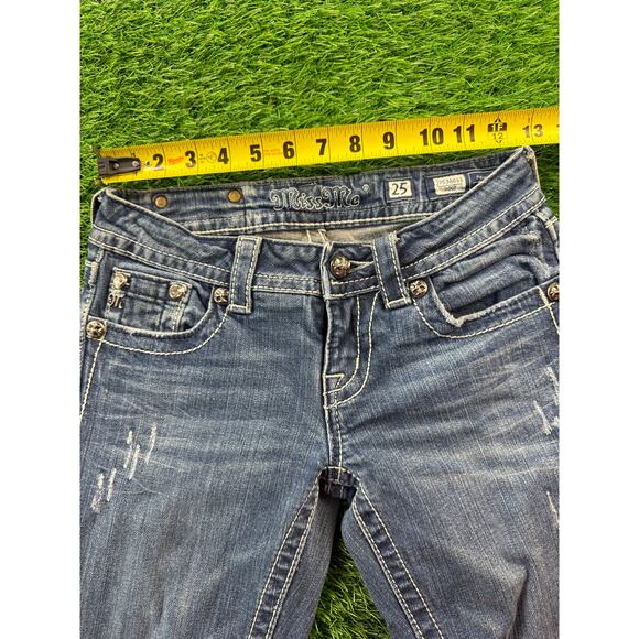 Miss Me Womens Bootcut Jeans Dark Wash Bling Stretch Low Rise Sz 25 32L Y2K Flap - Picture 12 of 13